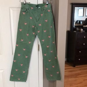 Cute fun green cords with pink chicken stitched on pants.  Size 6 from J.Crew